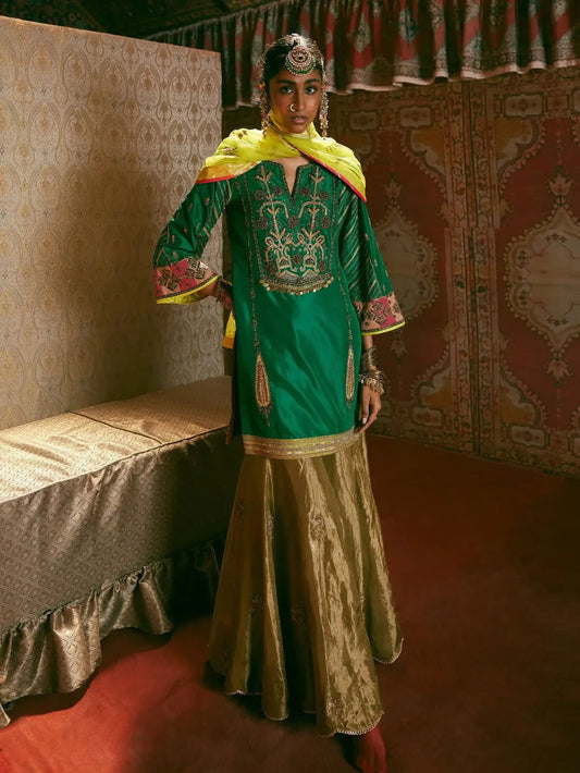 Reejh Emerald Green Challi Kurta Gharara Set - Pallodstore