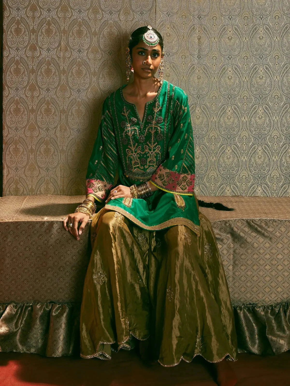 Reejh Emerald Green Challi Kurta Gharara Set - Pallodstore