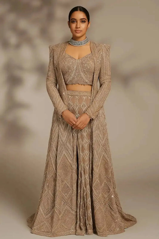 Rose Gold Heavy Long Indo Western - Pallodstore