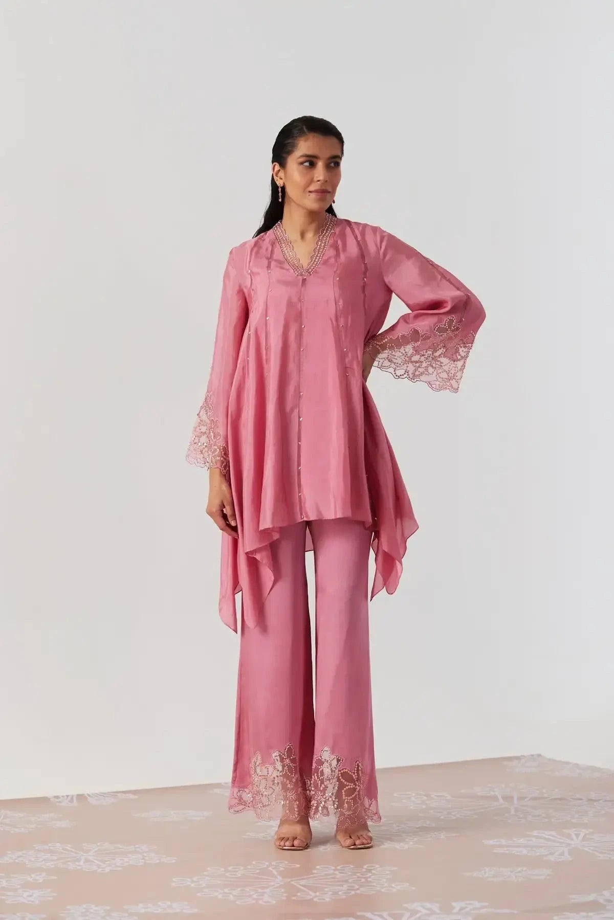 Rose Pink Kurta Viscose Silk Embroidery Sequin V-neck Asymmetric With Pant - Pallodstore