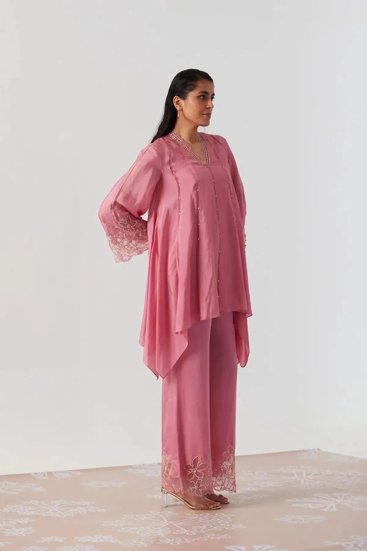 Rose Pink Kurta Viscose Silk Embroidery Sequin V-neck Asymmetric With Pant - Pallodstore
