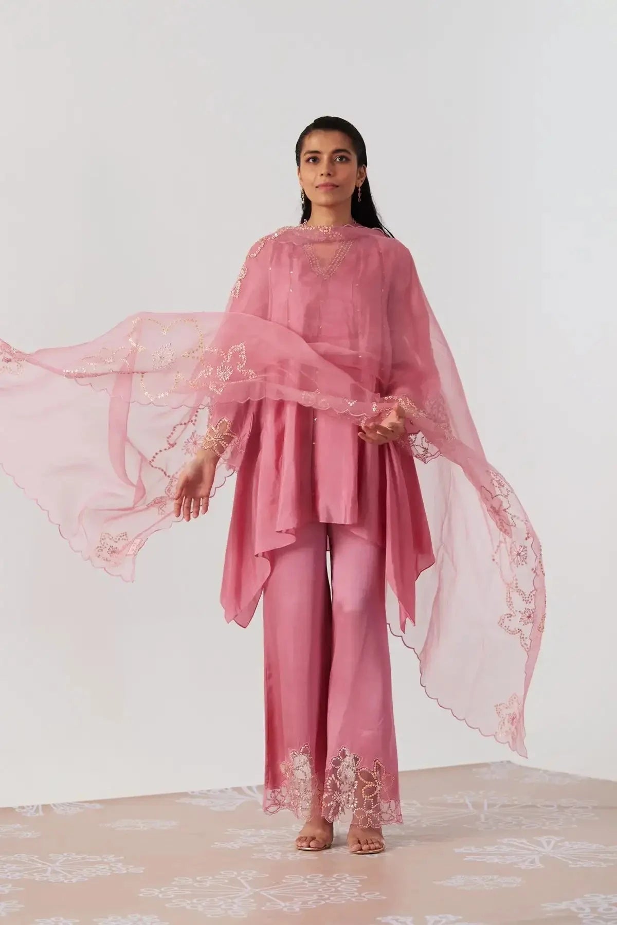 Rose Pink Kurta Viscose Silk Embroidery Sequin V-neck Asymmetric With Pant - Pallodstore