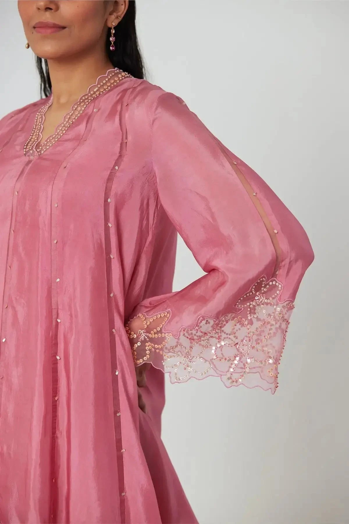 Rose Pink Kurta Viscose Silk Embroidery Sequin V-neck Asymmetric With Pant - Pallodstore