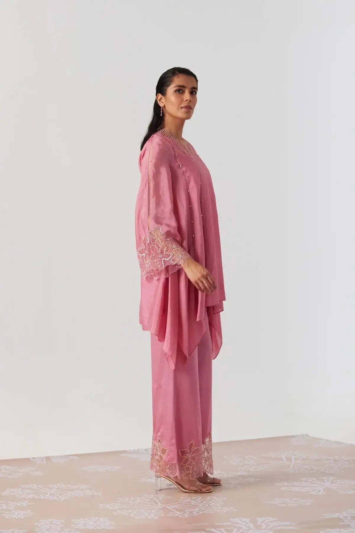 Rose Pink Kurta Viscose Silk Embroidery Sequin V-neck Asymmetric With Pant - Pallodstore
