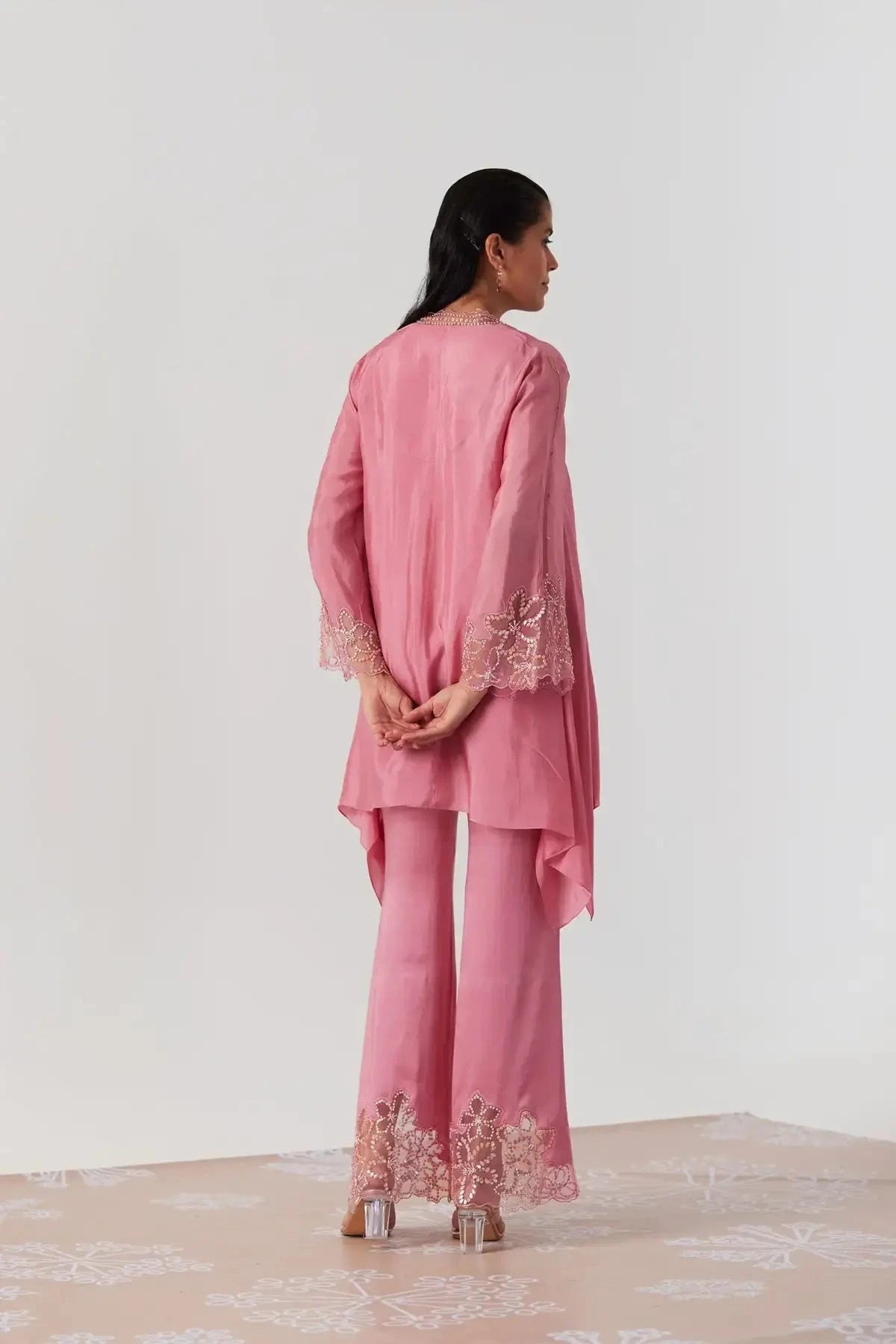 Rose Pink Kurta Viscose Silk Embroidery Sequin V-neck Asymmetric With Pant - Pallodstore