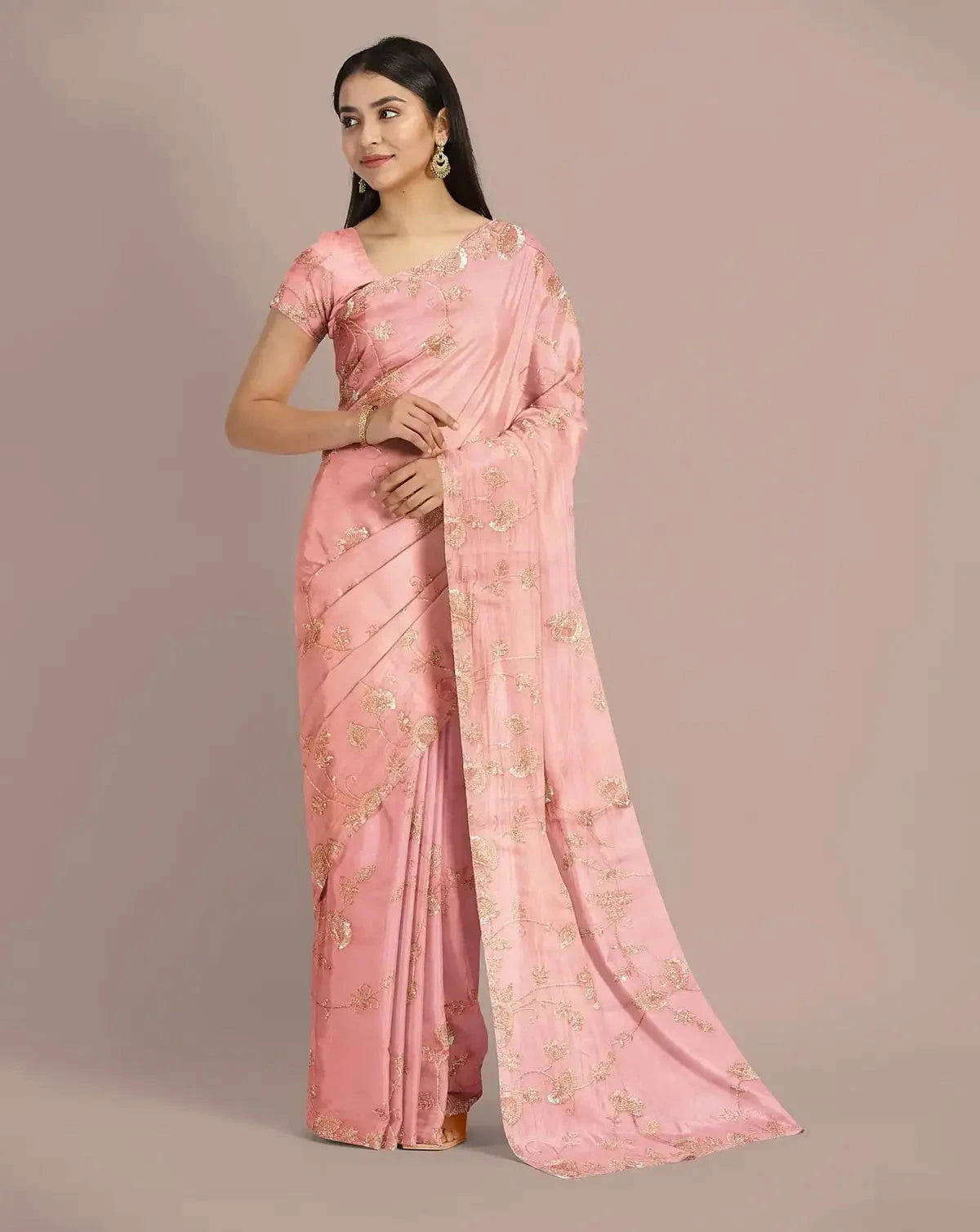 Rose Pink Organza Embroidery Saree - Pallodstore