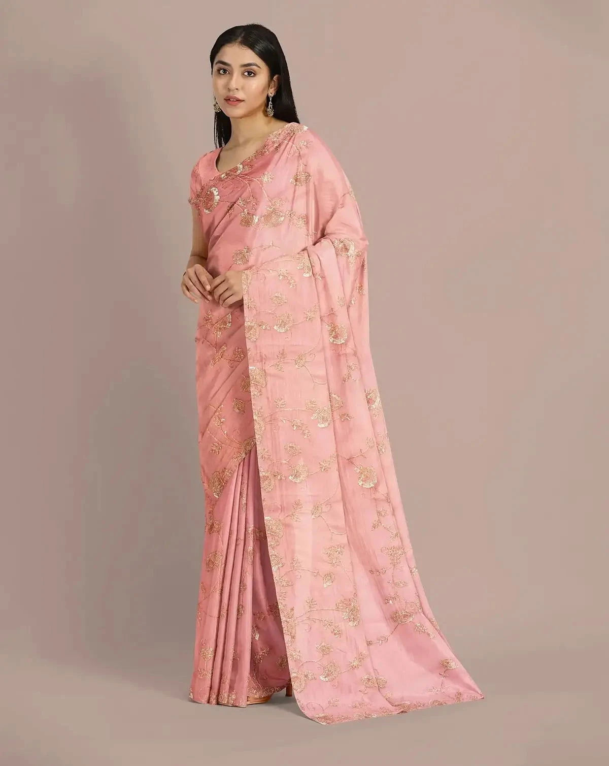 Rose Pink Organza Embroidery Saree - Pallodstore