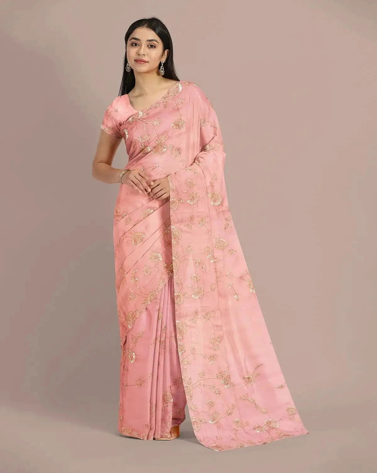 Rose Pink Organza Embroidery Saree - Pallodstore