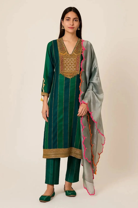 Royal Blue Green A Line Suit With Tissue Dupatta - Pallodstore