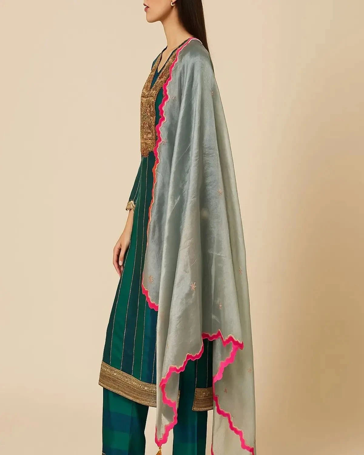 Royal Blue Green A Line Suit With Tissue Dupatta - Pallodstore