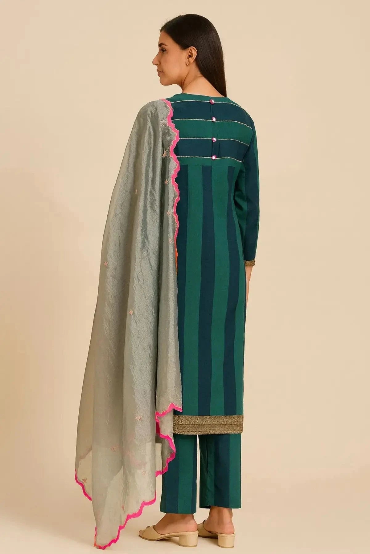 Royal Blue Green A Line Suit With Tissue Dupatta - Pallodstore