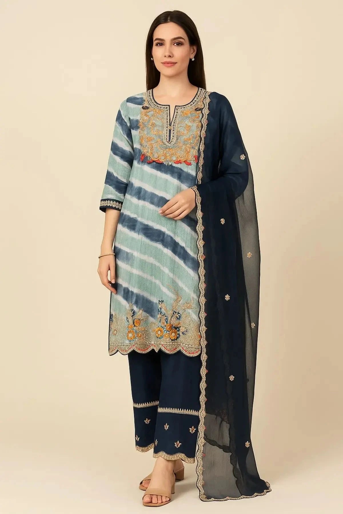Royal Blue Light Blue Straps Leheriya Straight Suit - Pallodstore