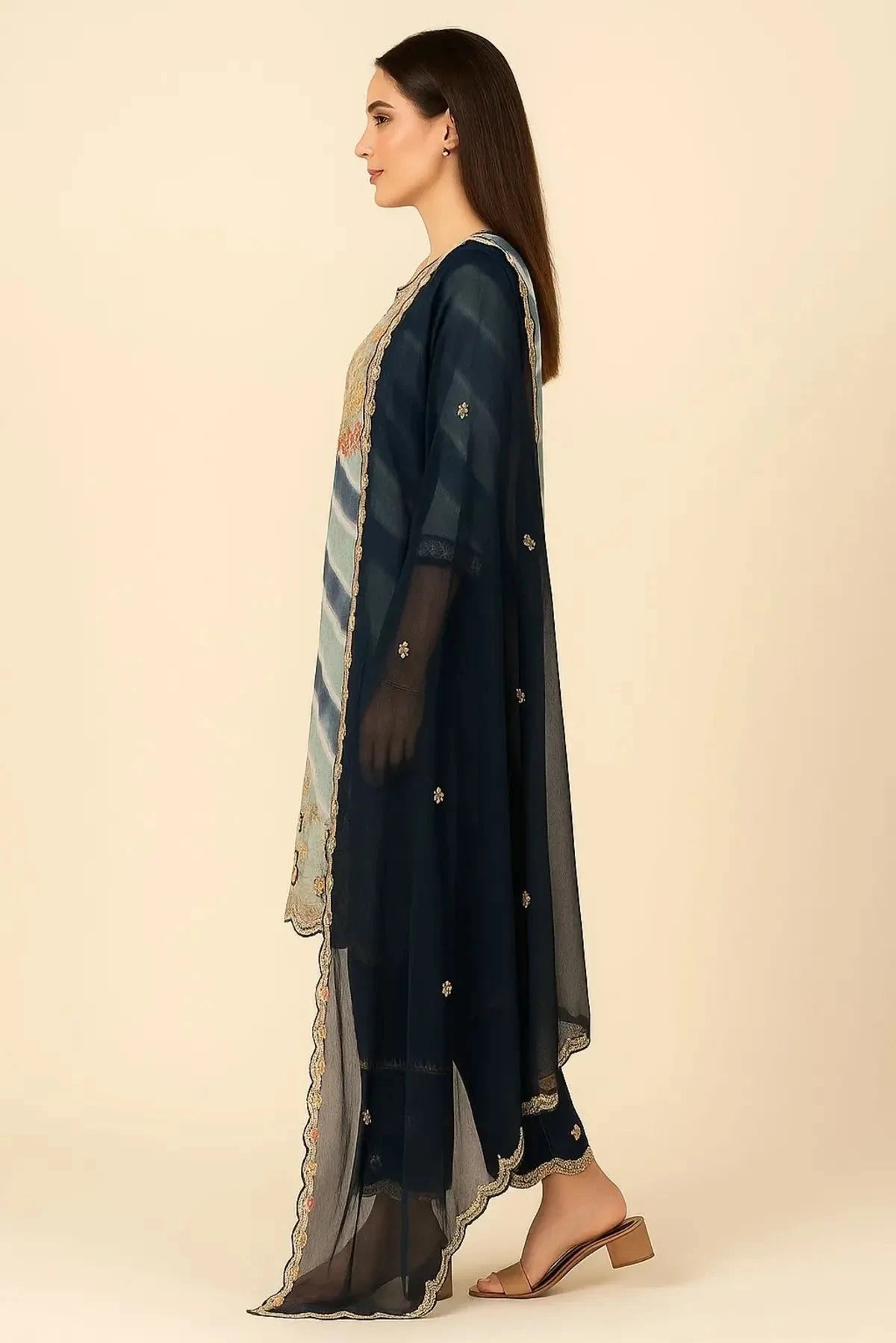 Royal Blue Light Blue Straps Leheriya Straight Suit - Pallodstore