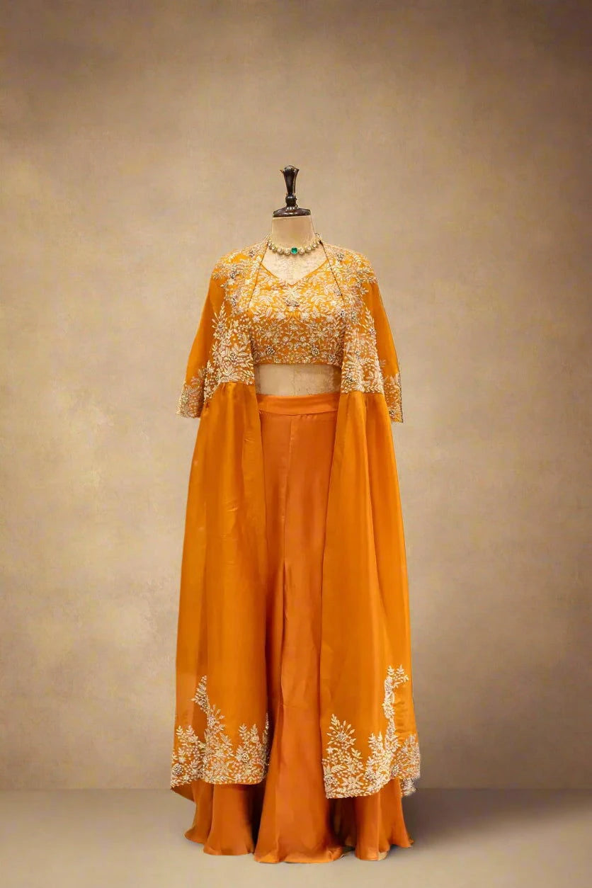 Rust Orange Indo-Western Crop Top With Jacket - Pallodstore