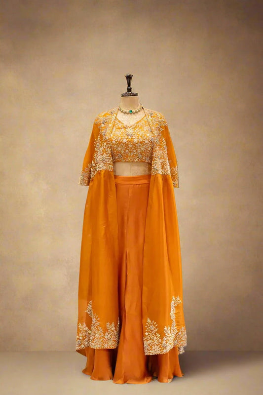 Rust Orange Indo-Western Crop Top With Jacket - Pallodstore