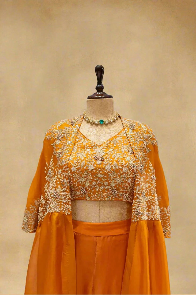 Rust Orange Indo-Western Crop Top With Jacket - Pallodstore