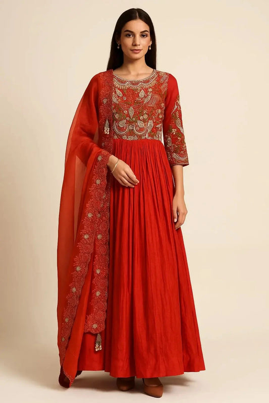 Rust Orange Long Anarkali With Dupatta - Pallodstore