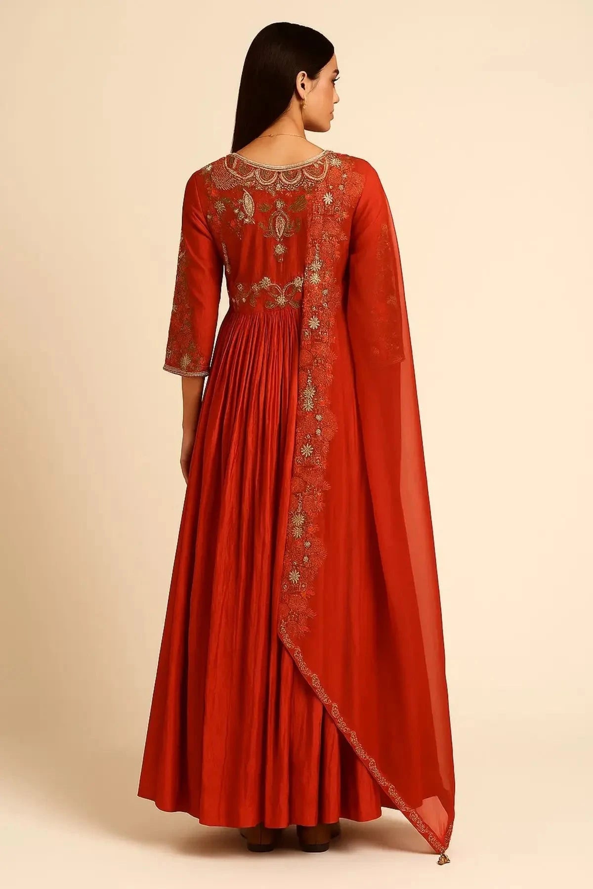 Rust Orange Long Anarkali With Dupatta - Pallodstore
