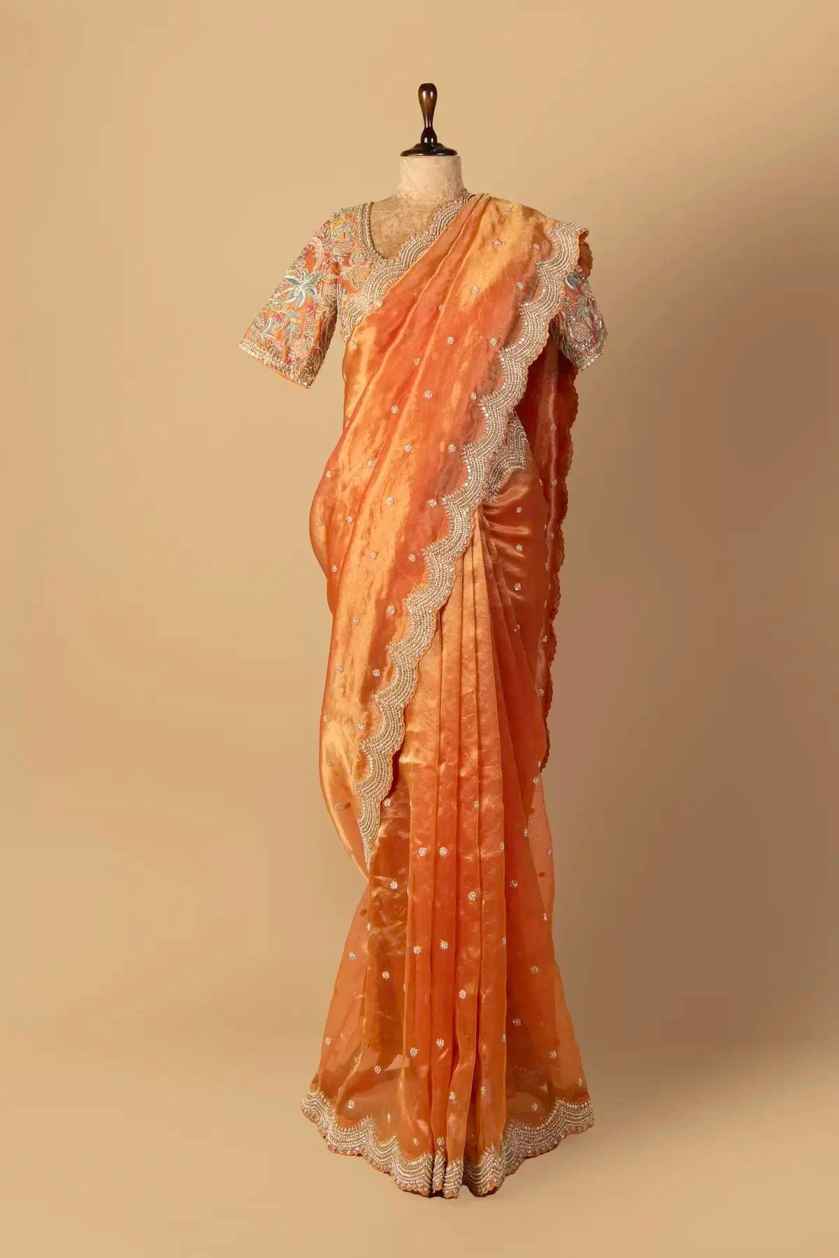 Rust Orange Tissue Embroidered Saree - Pallodstore