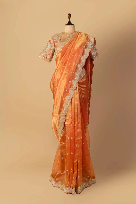Rust Orange Tissue Embroidered Saree - Pallodstore