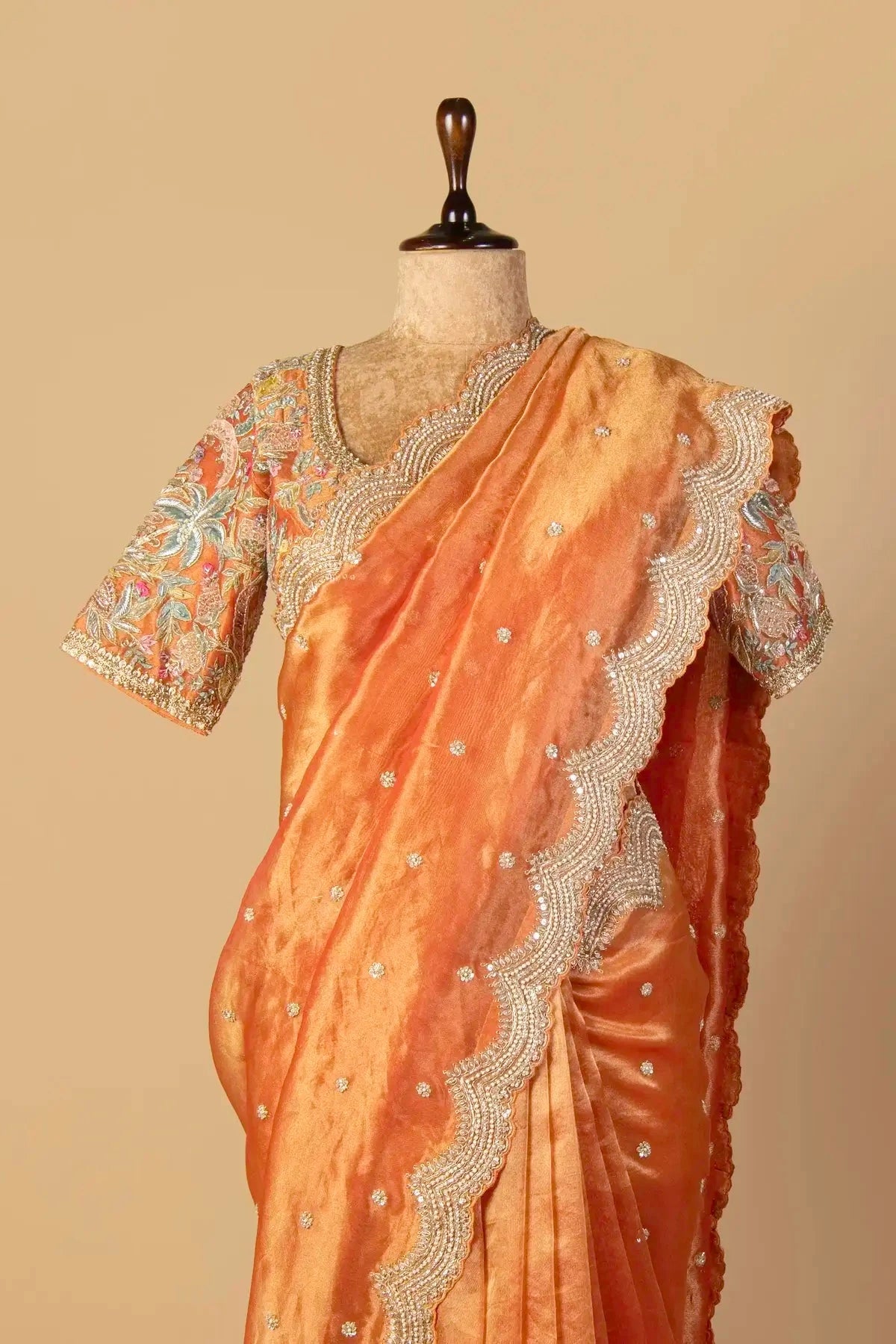 Rust Orange Tissue Embroidered Saree - Pallodstore