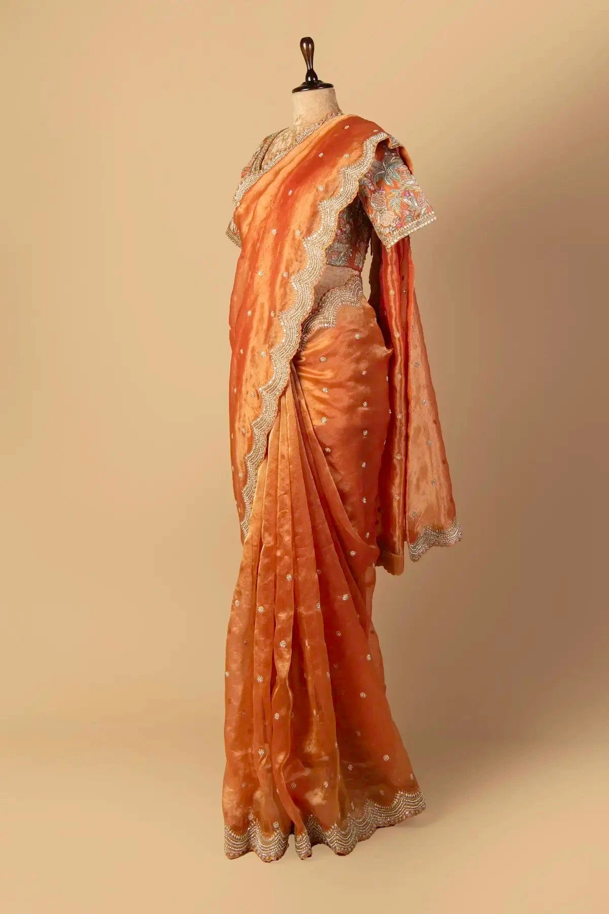 Rust Orange Tissue Embroidered Saree - Pallodstore