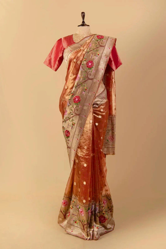 Rust Orange Tissue Saree - Pallodstore