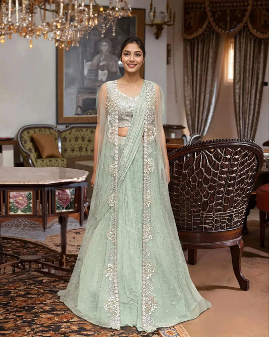 Sage Green Jacket Style Lehenga - Pallodstore