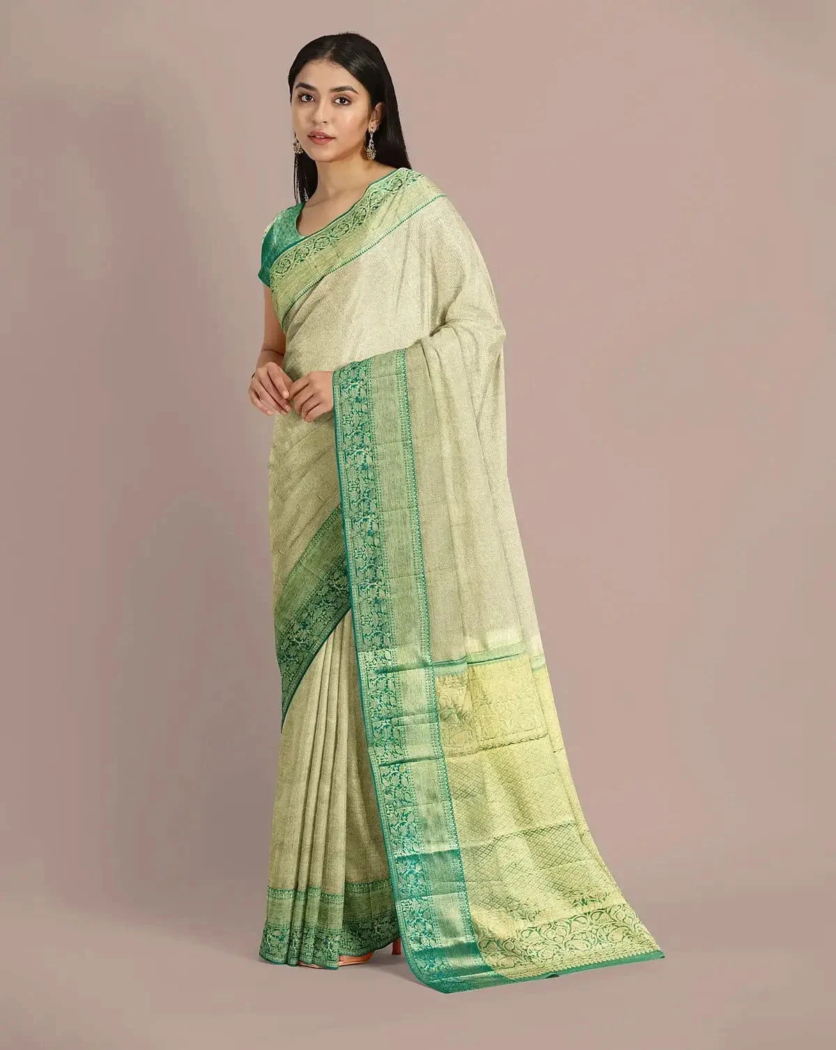 Sage Green Kanjivaram Tissue Saree - Pallodstore