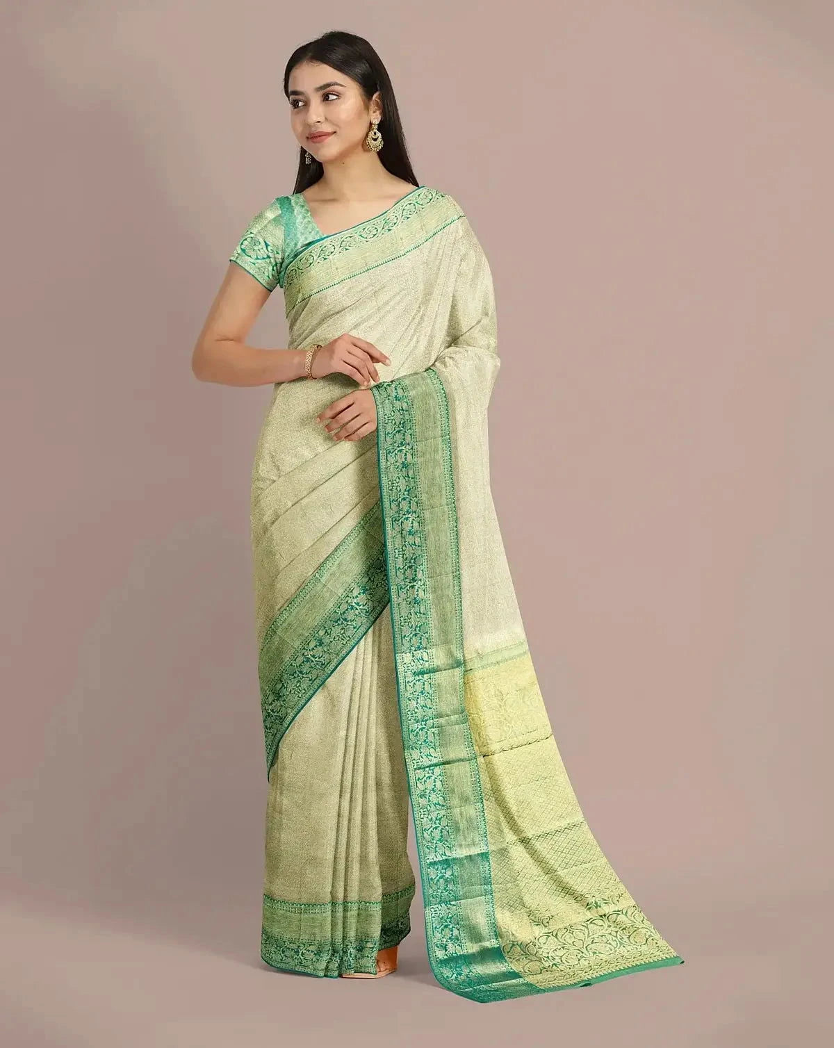 Sage Green Kanjivaram Tissue Saree - Pallodstore