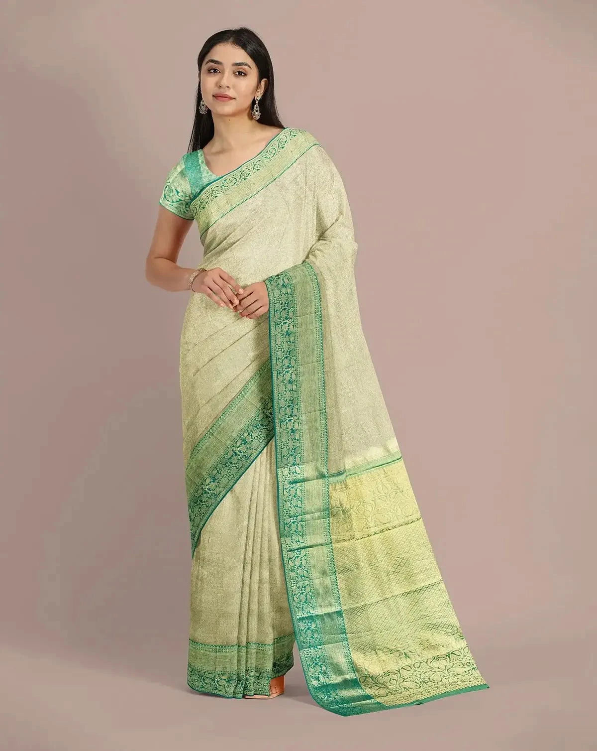 Sage Green Kanjivaram Tissue Saree - Pallodstore