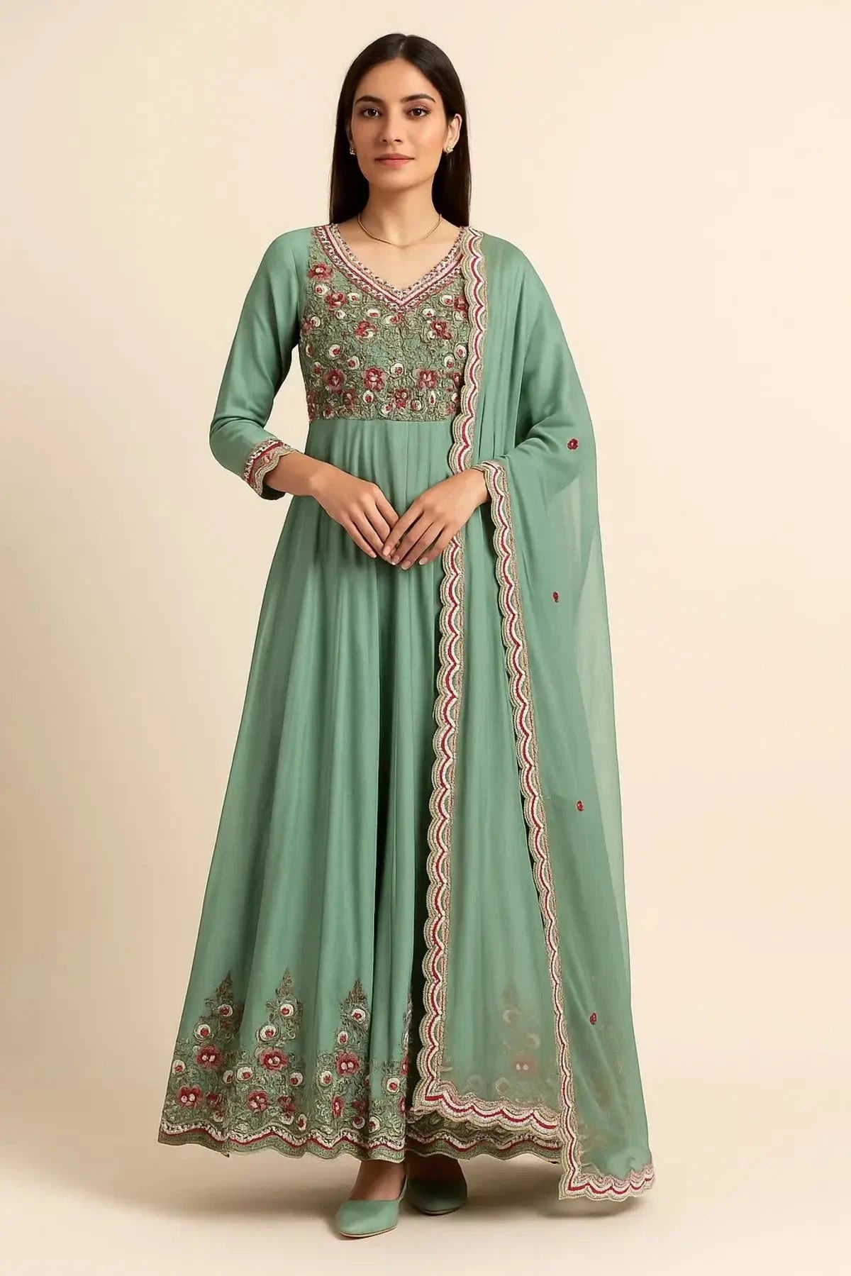 Sage Green Long Anarkali One Piece With Dupatta - Pallodstore