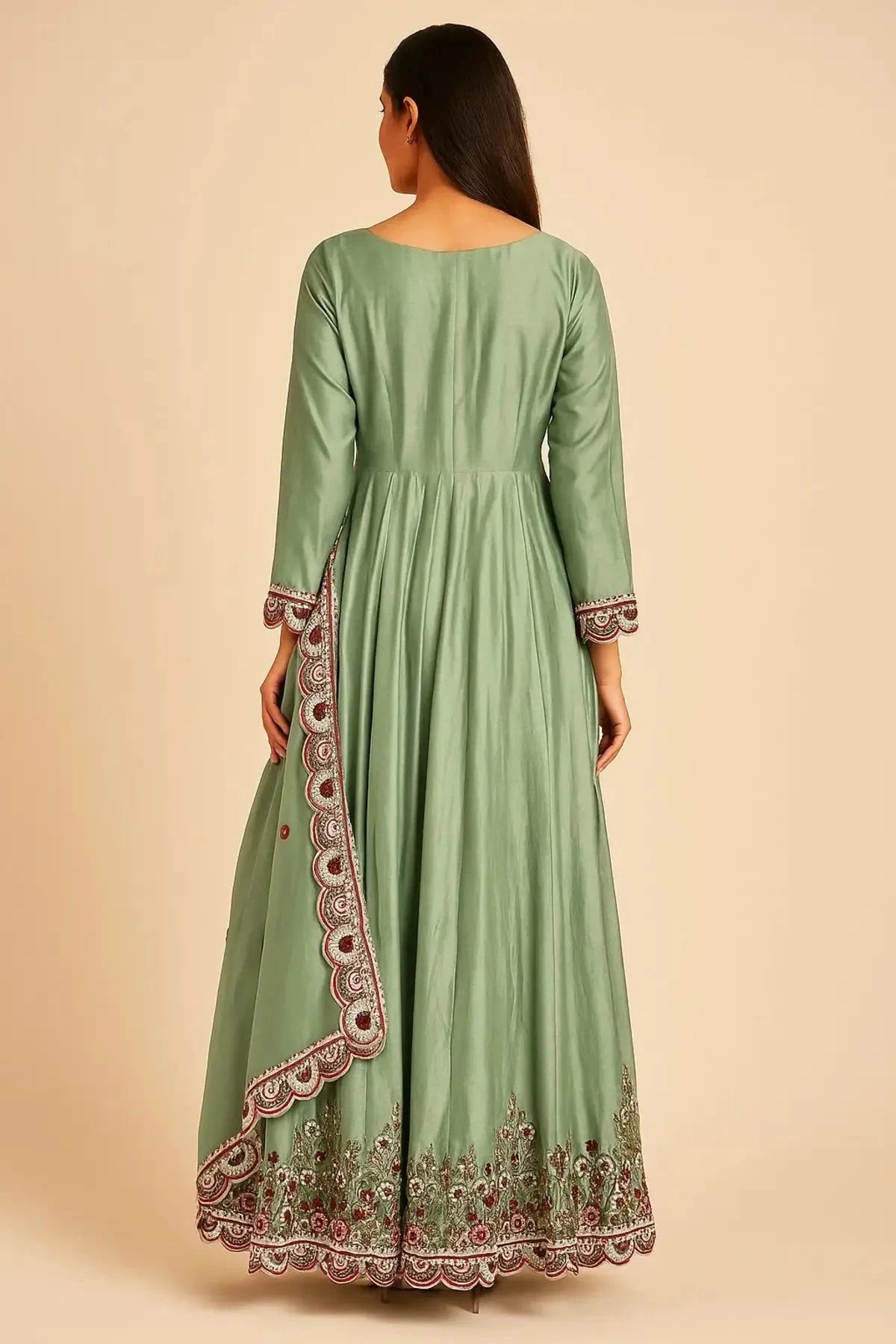 Sage Green Long Anarkali One Piece With Dupatta - Pallodstore