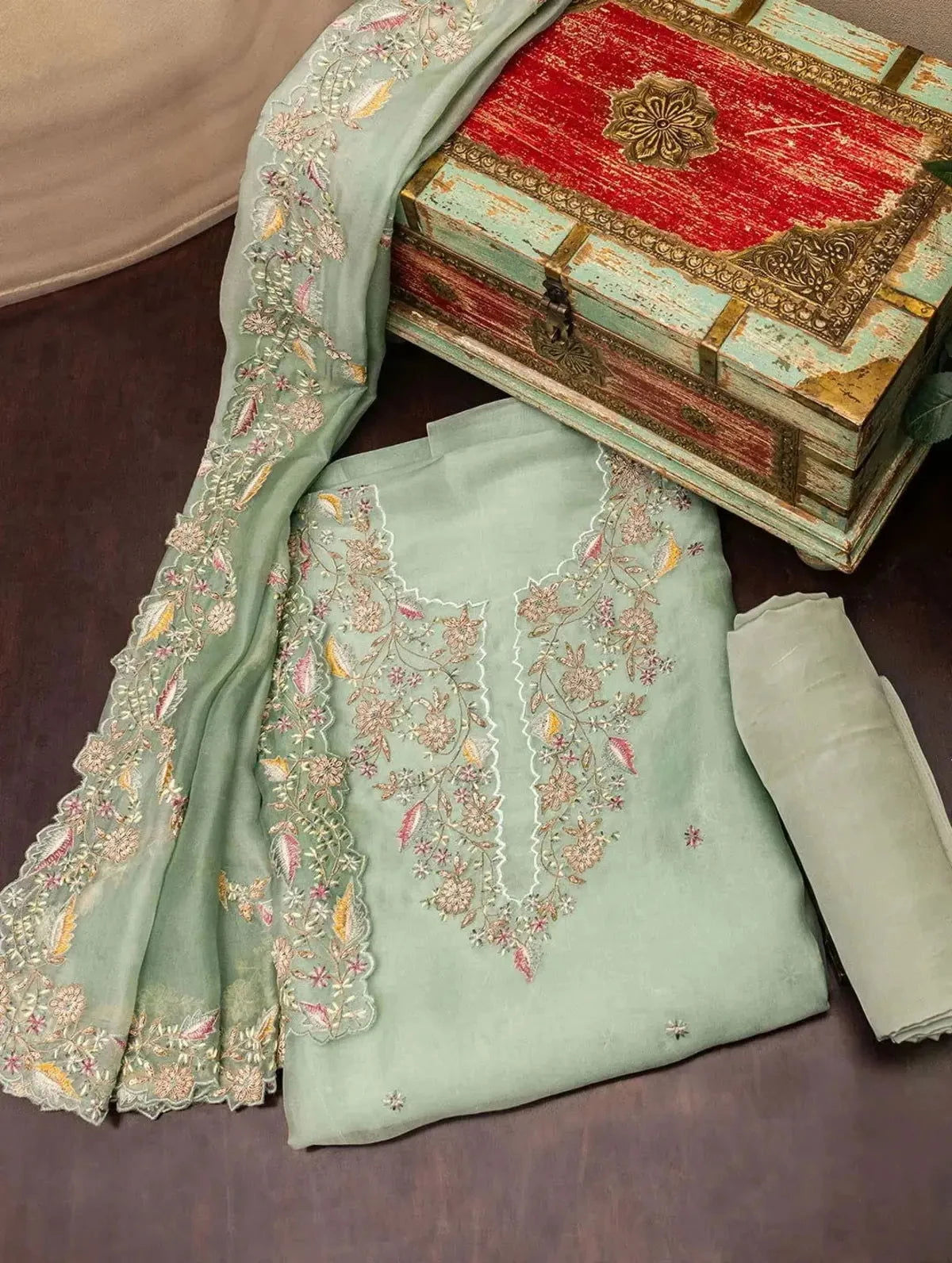 Sage Green Organza Dress Material - Pallodstore