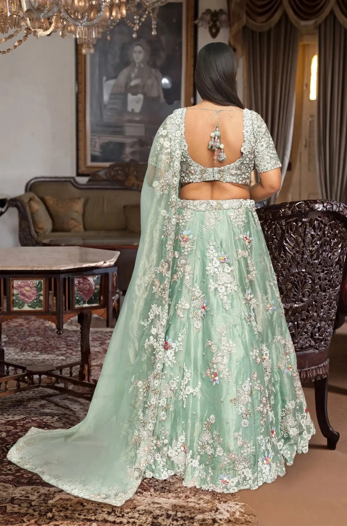 Sage Green Tissue Lehenga - Pallodstore
