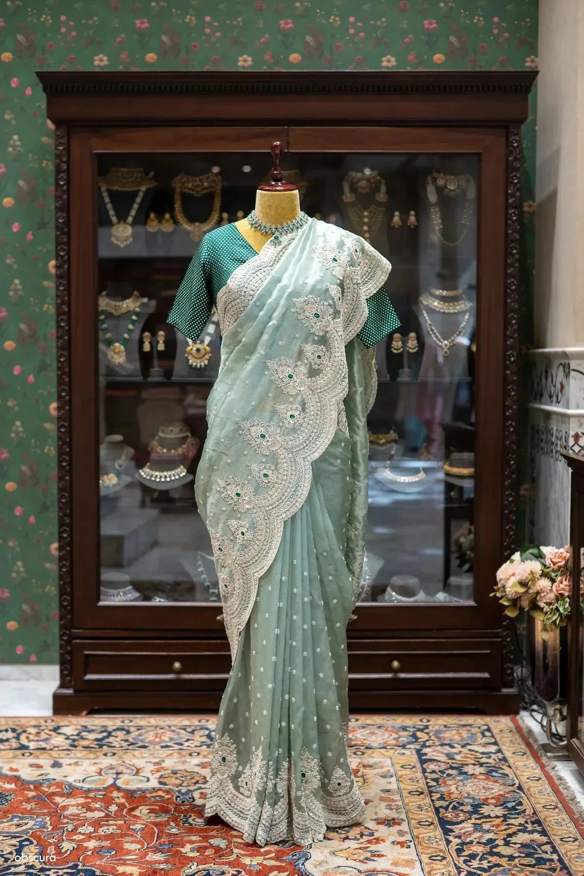 Sage Green Tissue Saree - Pallodstore