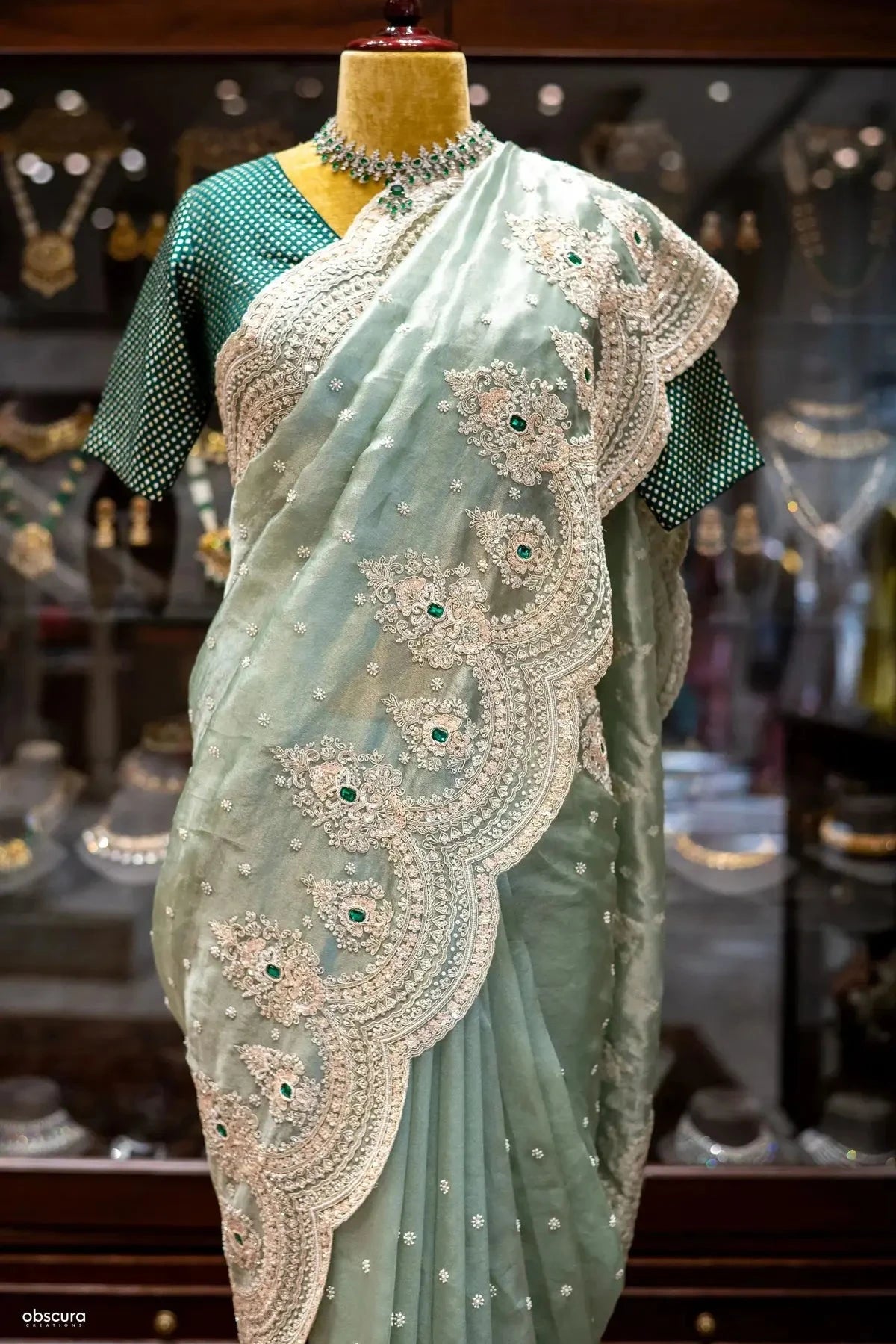 Sage Green Tissue Saree - Pallodstore