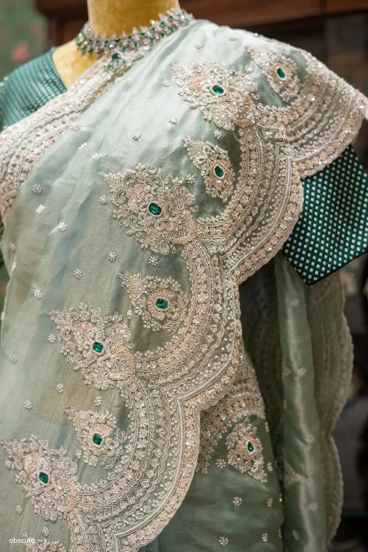 Sage Green Tissue Saree - Pallodstore