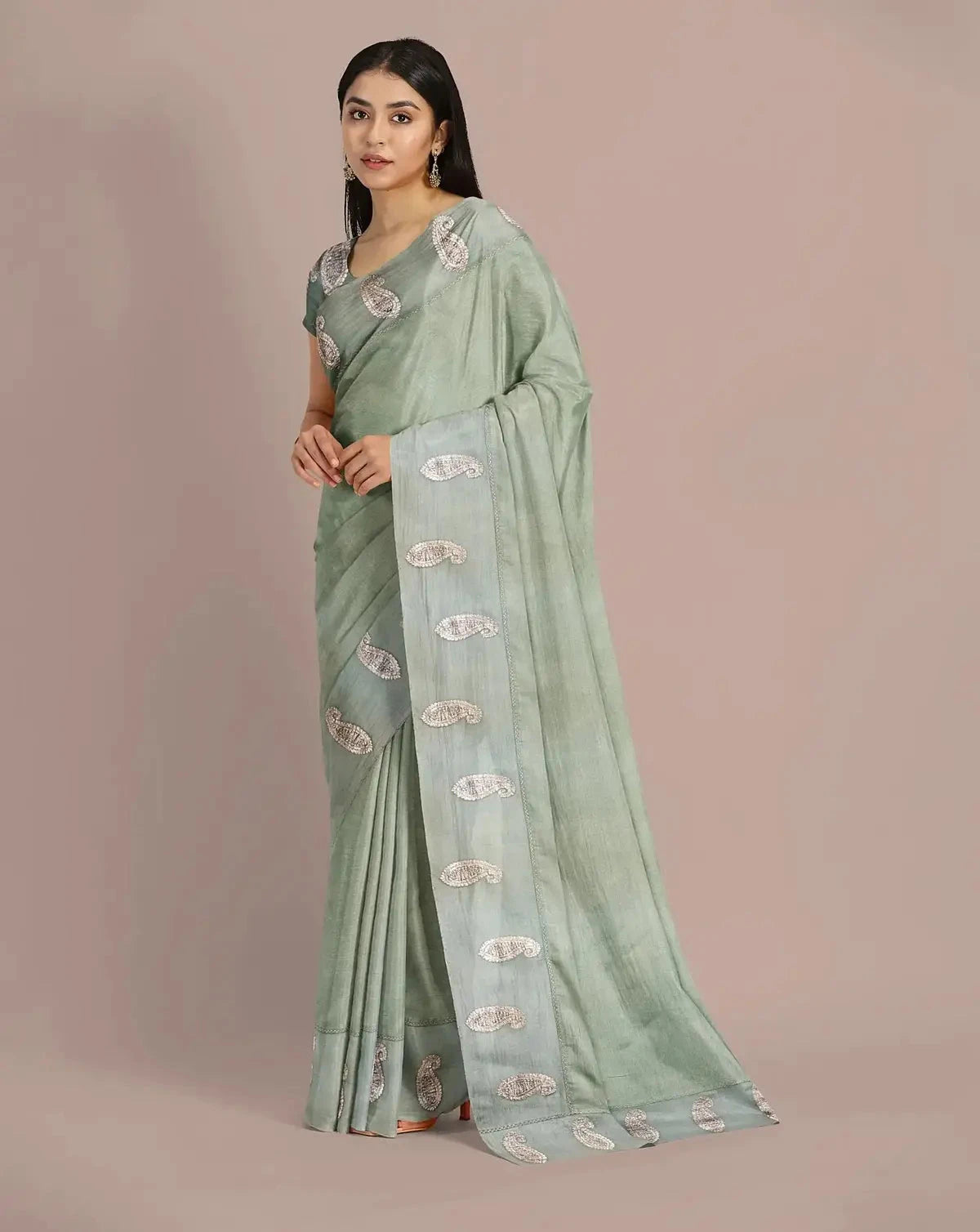 Sage Green Tussar Saree - Pallodstore