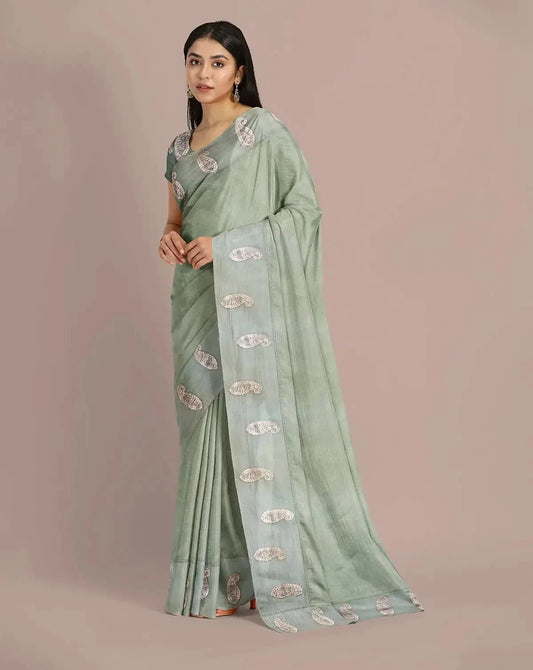 Sage Green Tussar Saree - Pallodstore