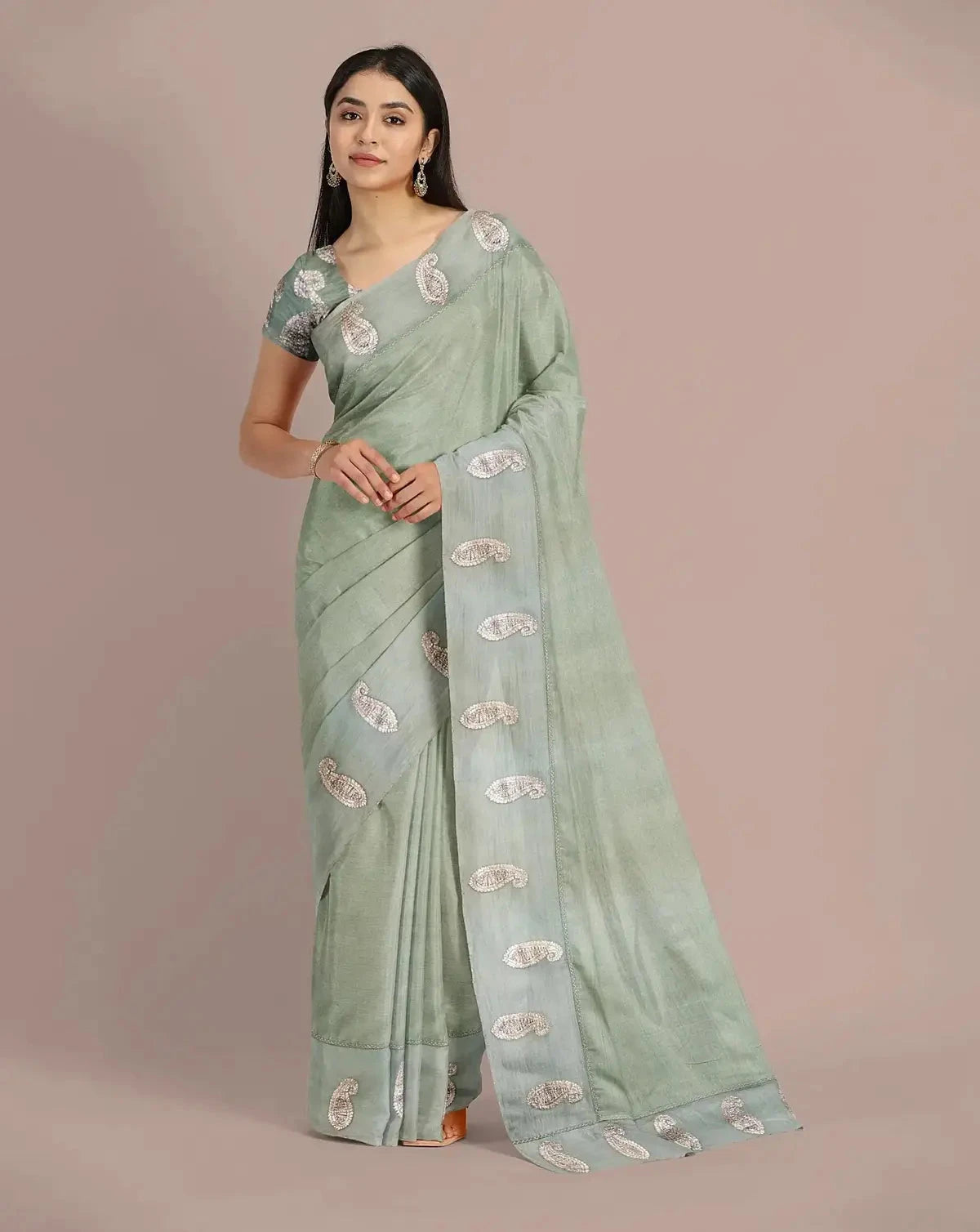 Sage Green Tussar Saree - Pallodstore
