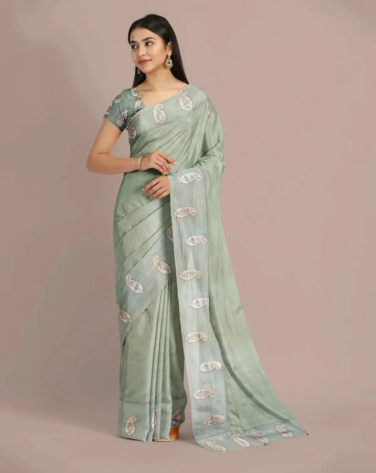 Sage Green Tussar Saree - Pallodstore
