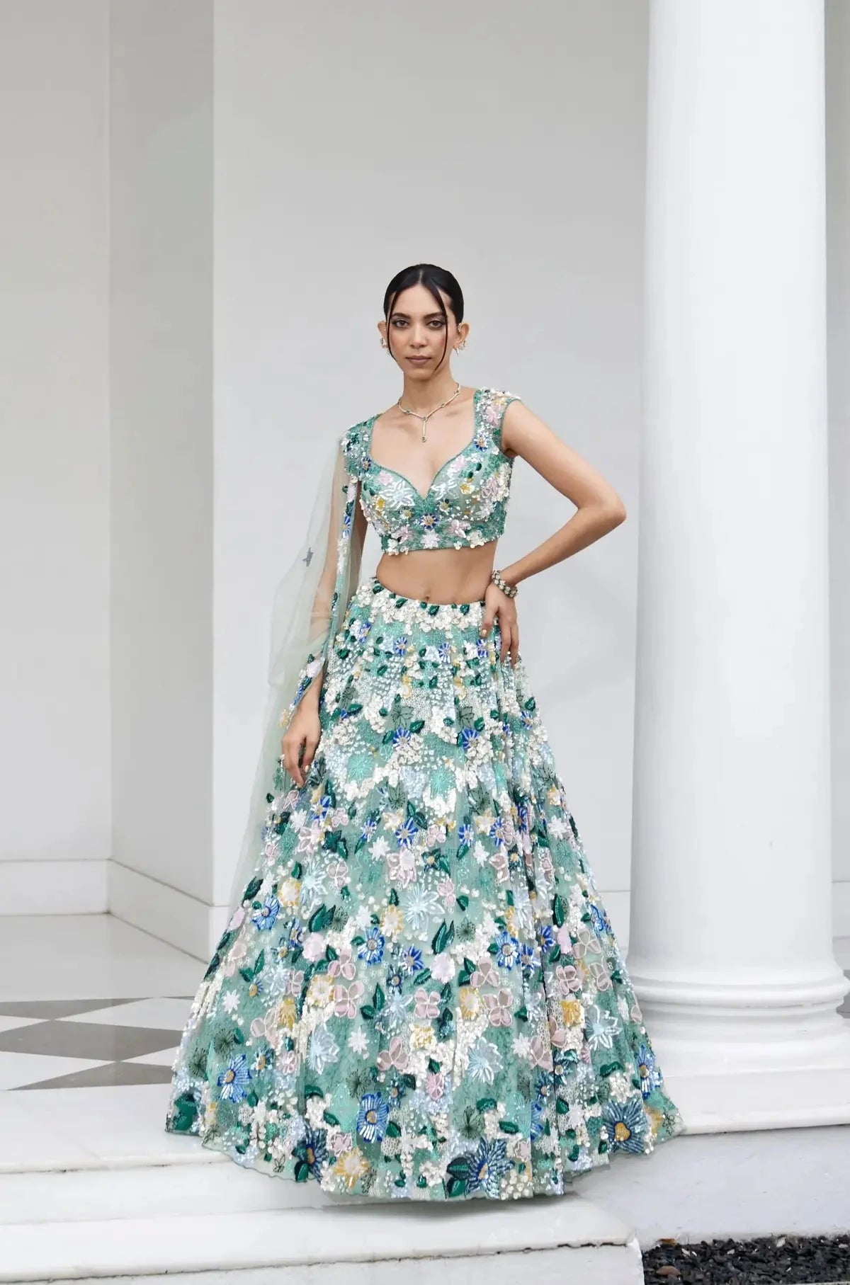 Sea Green Sequins Lehenga - Pallodstore