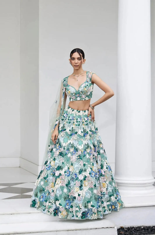 Sea Green Sequins Lehenga - Pallodstore
