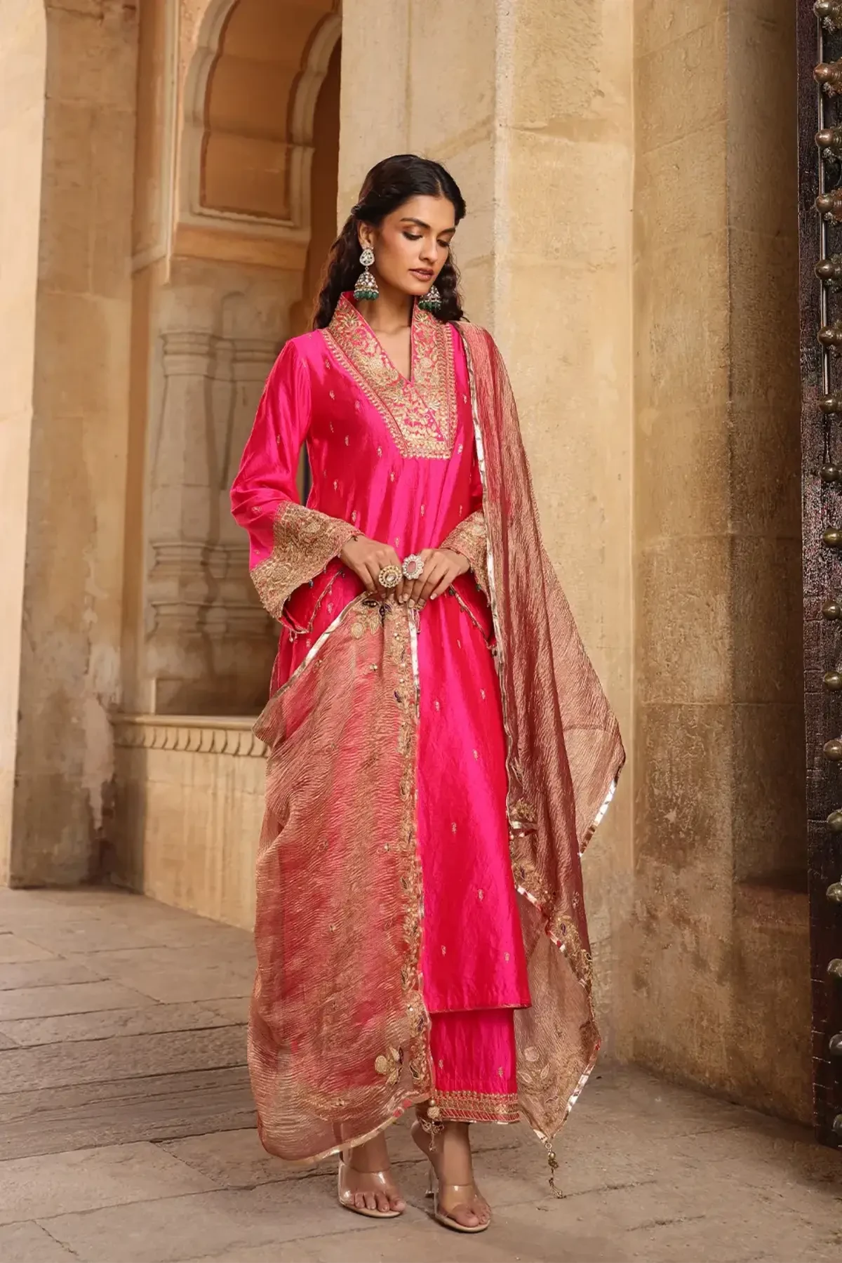 Shocking Pink Riwayat Stand Collar Kurta Set - Pallodstore