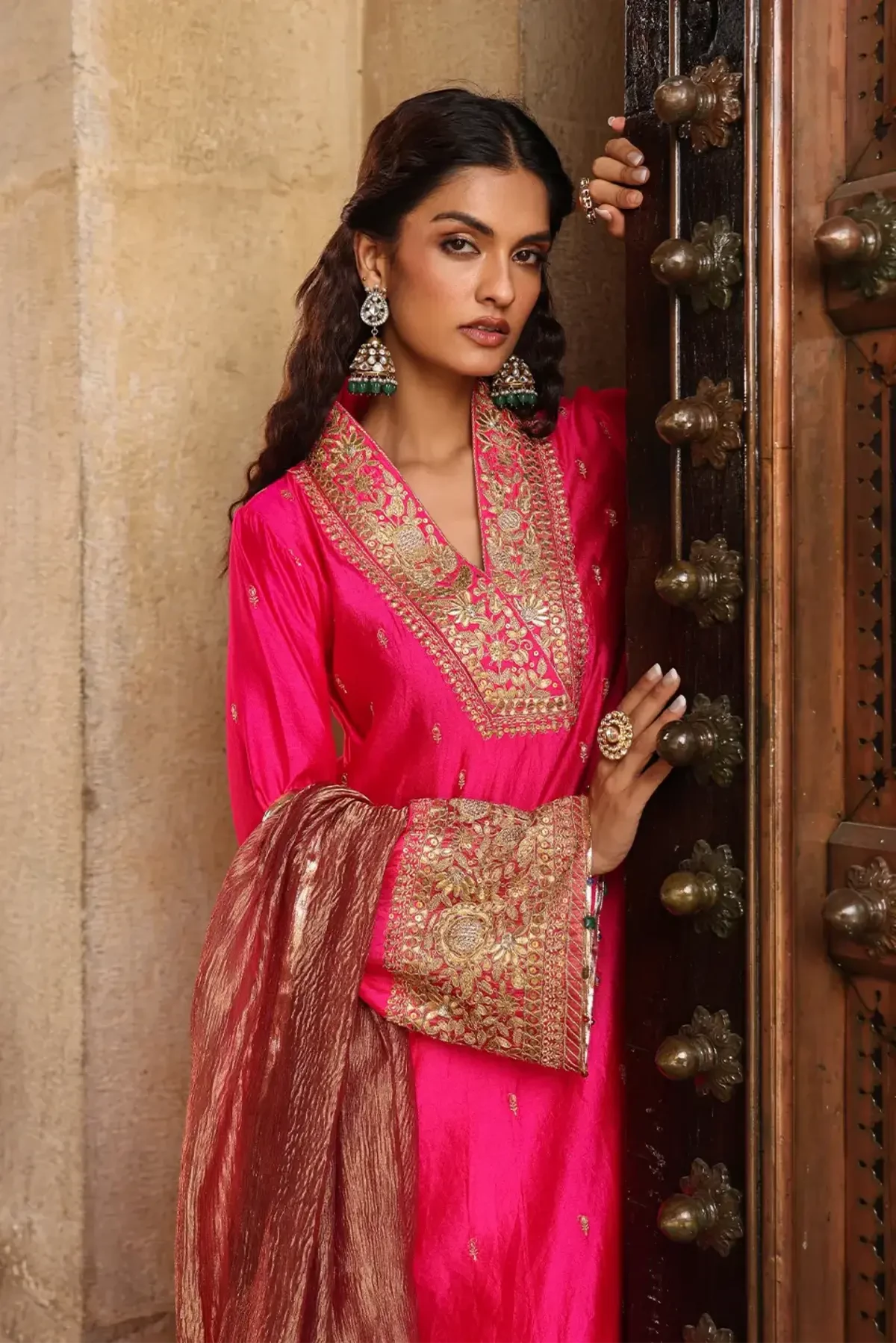 Shocking Pink Riwayat Stand Collar Kurta Set - Pallodstore