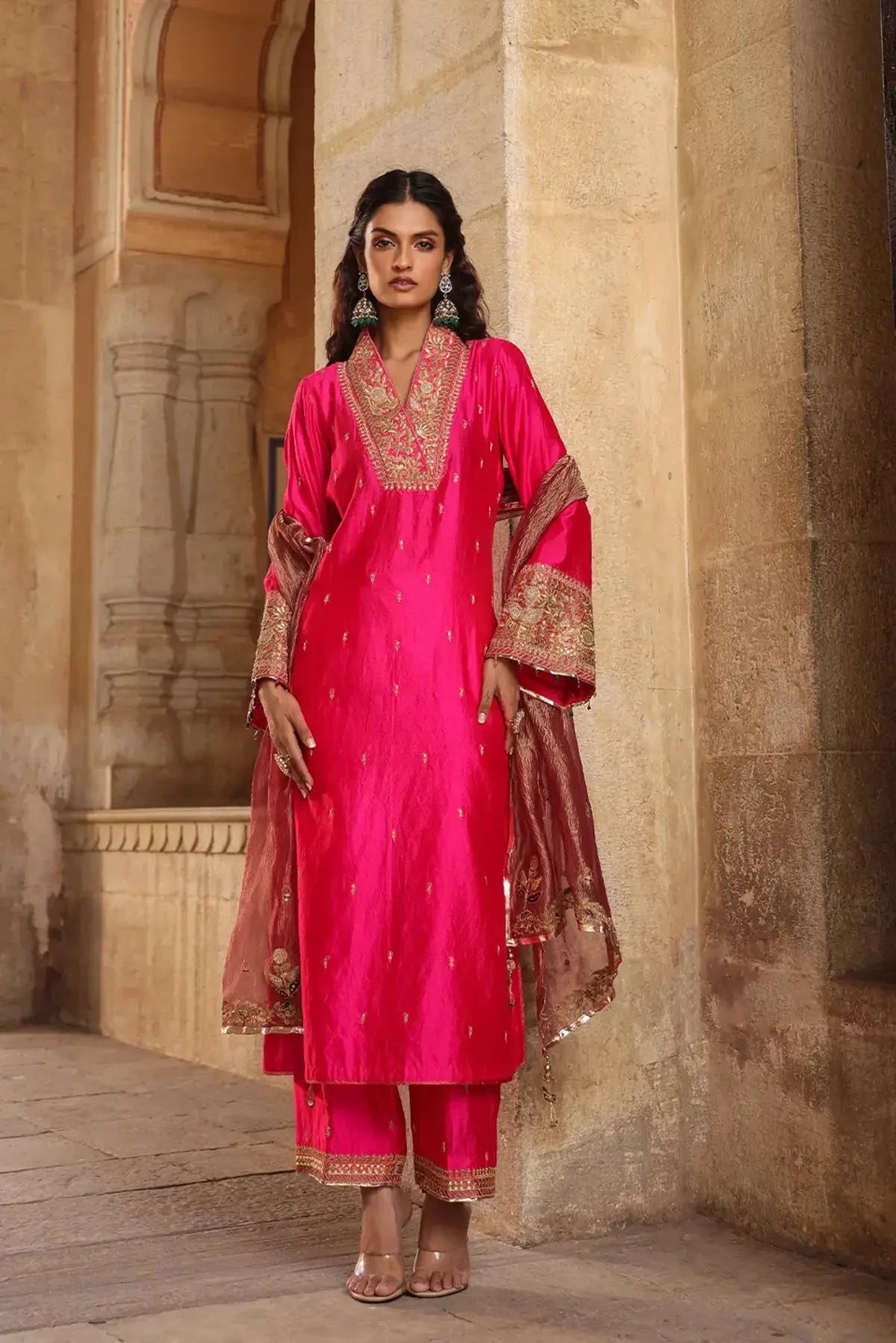 Shocking Pink Riwayat Stand Collar Kurta Set - Pallodstore