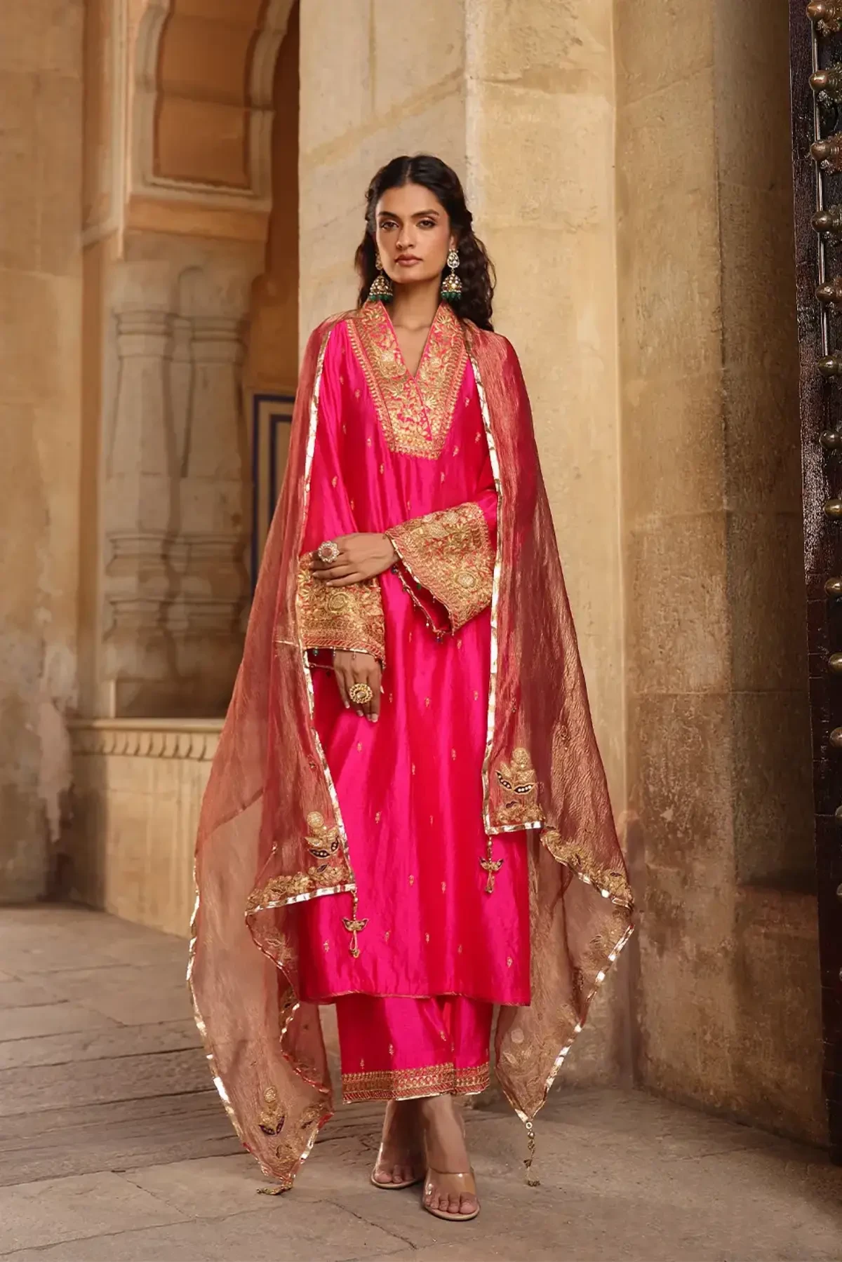 Shocking Pink Riwayat Stand Collar Kurta Set - Pallodstore