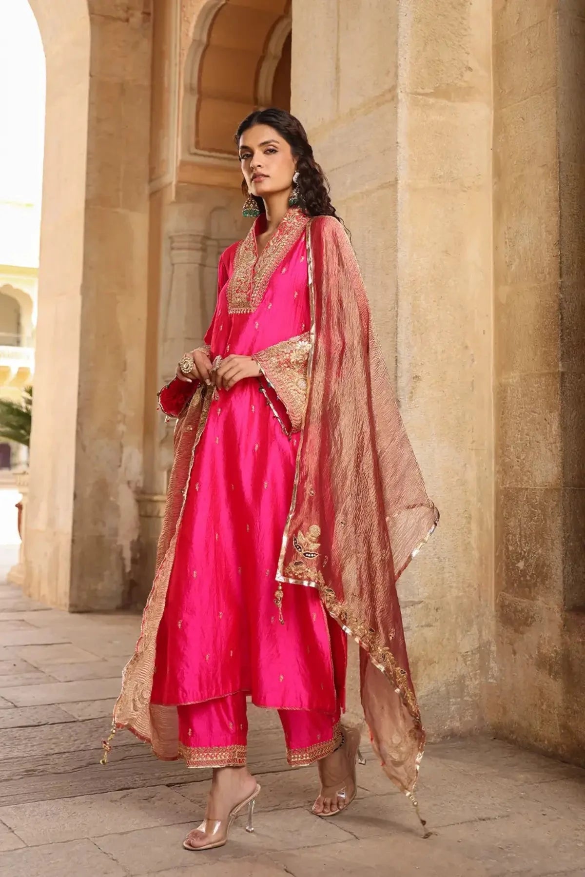 Shocking Pink Riwayat Stand Collar Kurta Set - Pallodstore