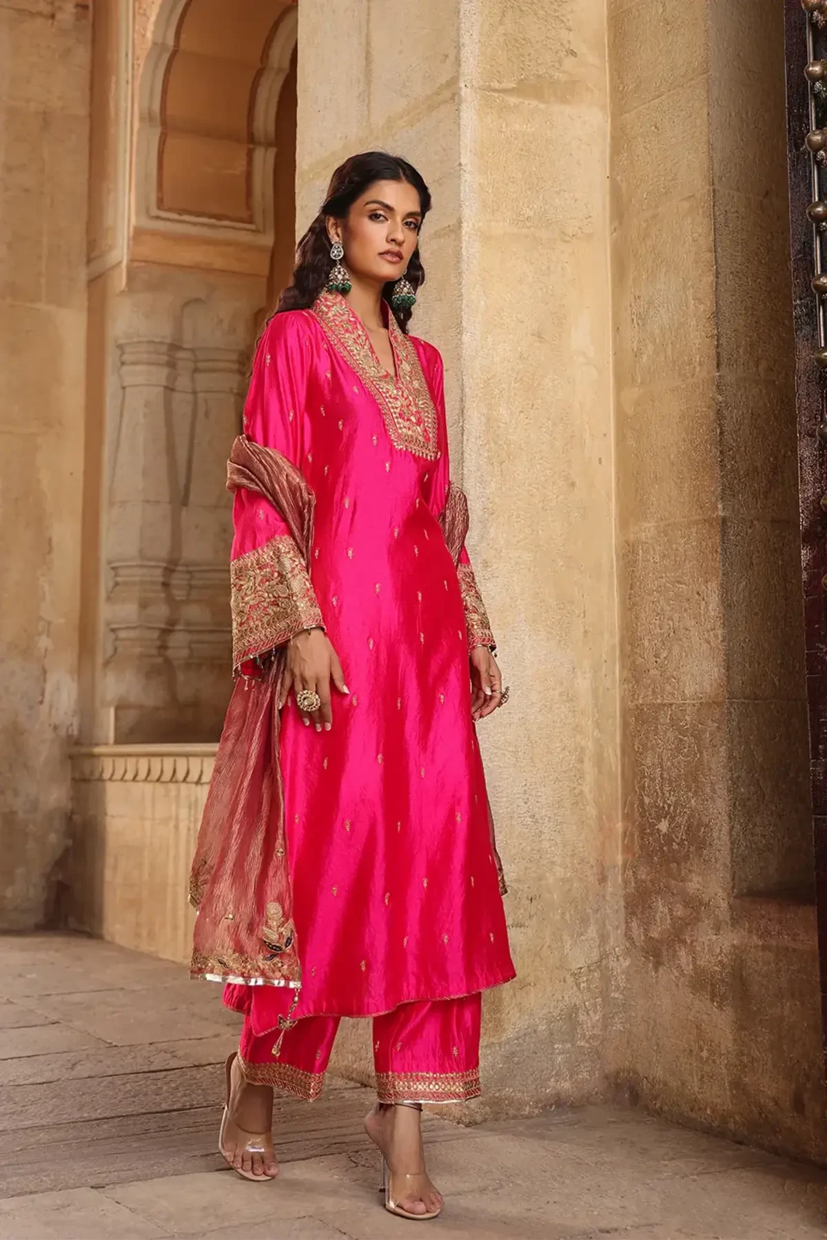 Shocking Pink Riwayat Stand Collar Kurta Set - Pallodstore